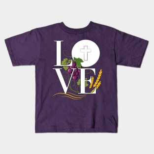 Eucharist LOVE Typography Host Wheat Grapes (white font) Kids T-Shirt